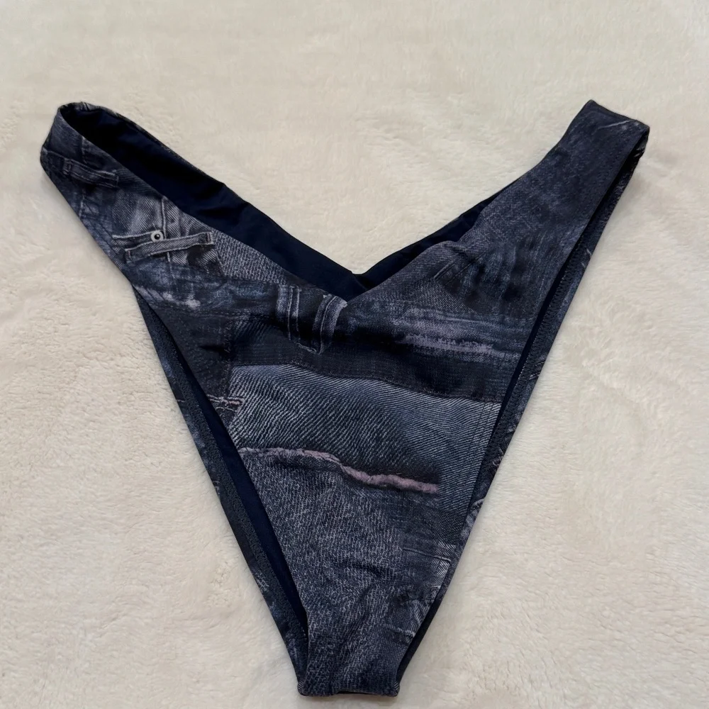 New Frankies Bikinis Dawson Cheeky Bikini Bottom denim jeans print 31067